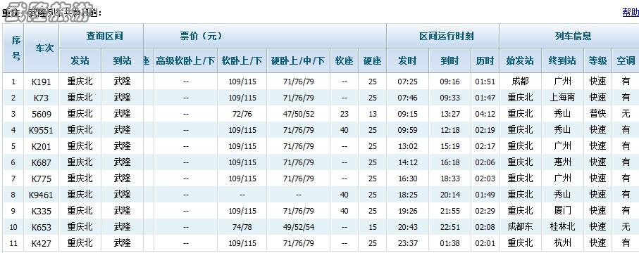 武隆火車(chē)時(shí)刻